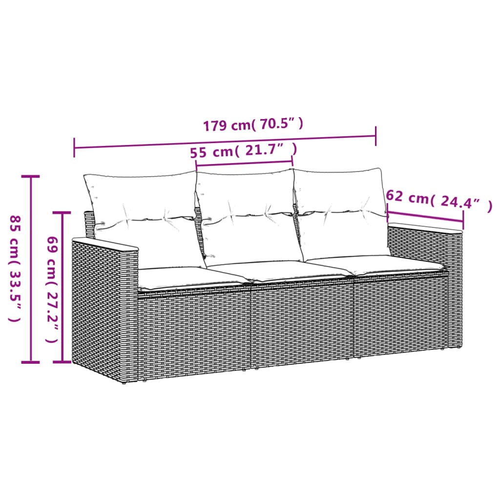 havesofasæt 3 dele med hynder polyrattan grå