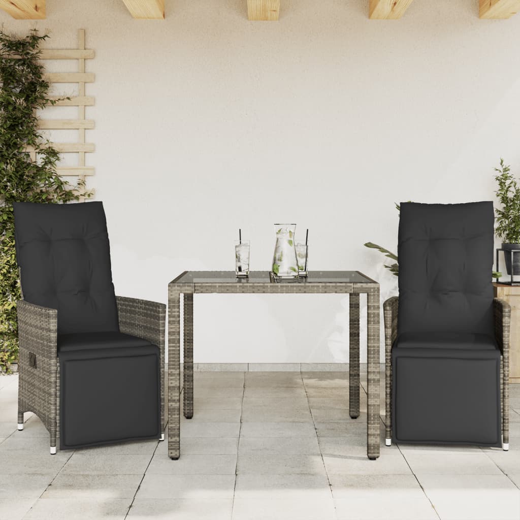 bistrosæt til haven 3 dele med hynder polyrattan grå