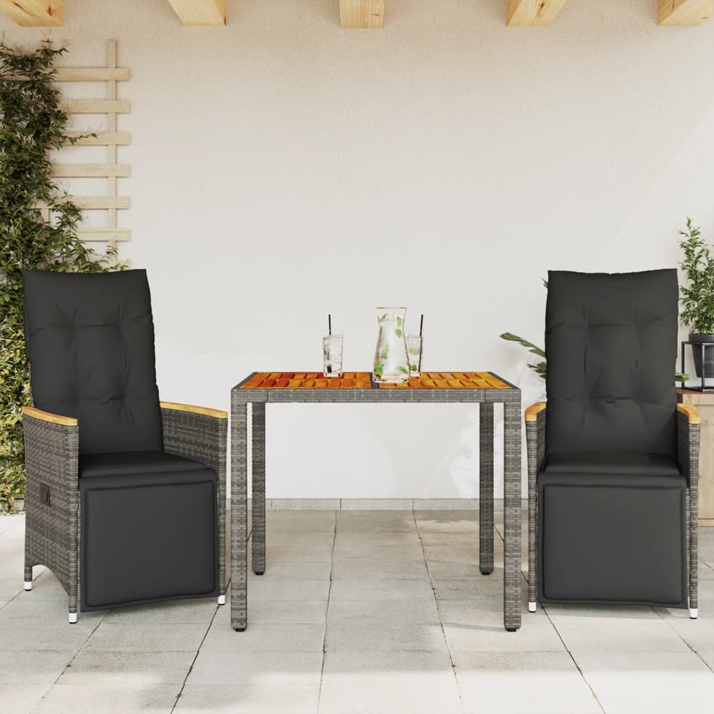 bistrosæt til haven 3 dele med hynder polyrattan grå
