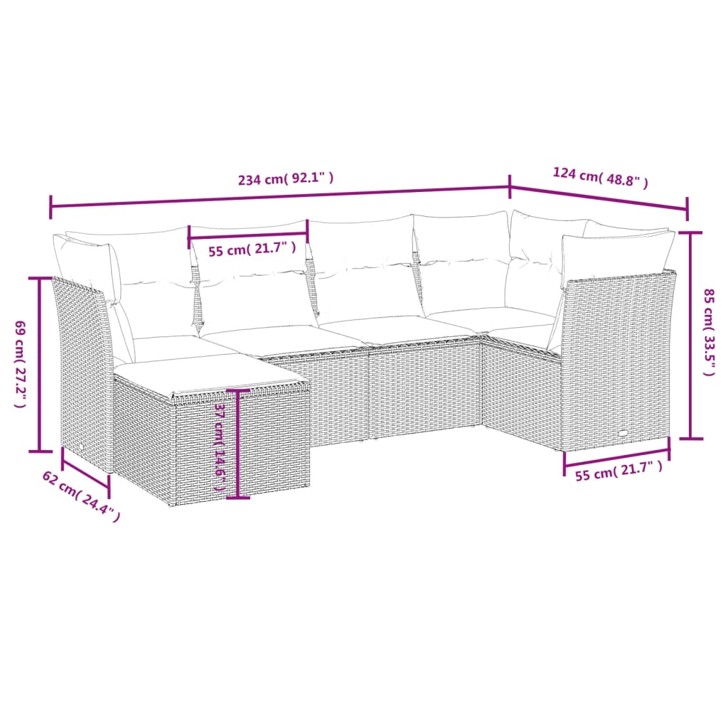 havesofasæt 6 dele med hynder polyrattan beige