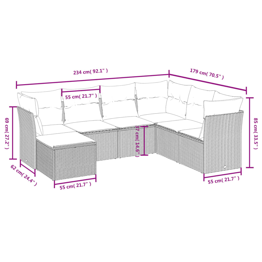 havesofasæt 7 dele med hynder polyrattan beige