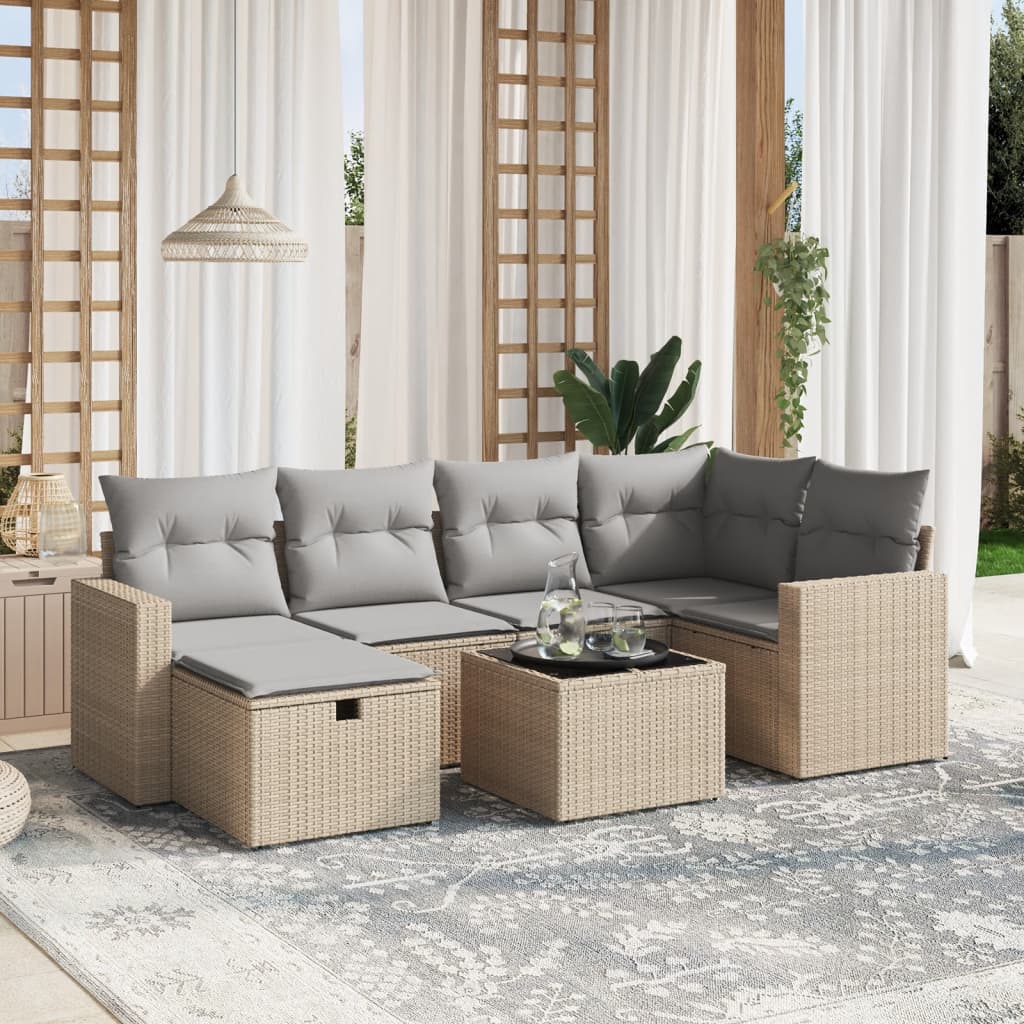 havesofasæt 7 dele med hynder polyrattan beige