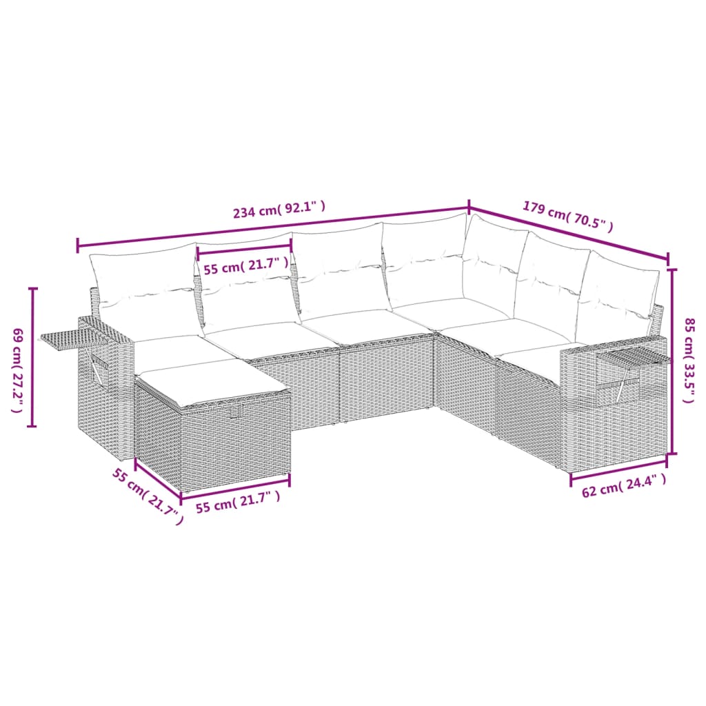 havesofasæt 7 dele med hynder polyrattan beige
