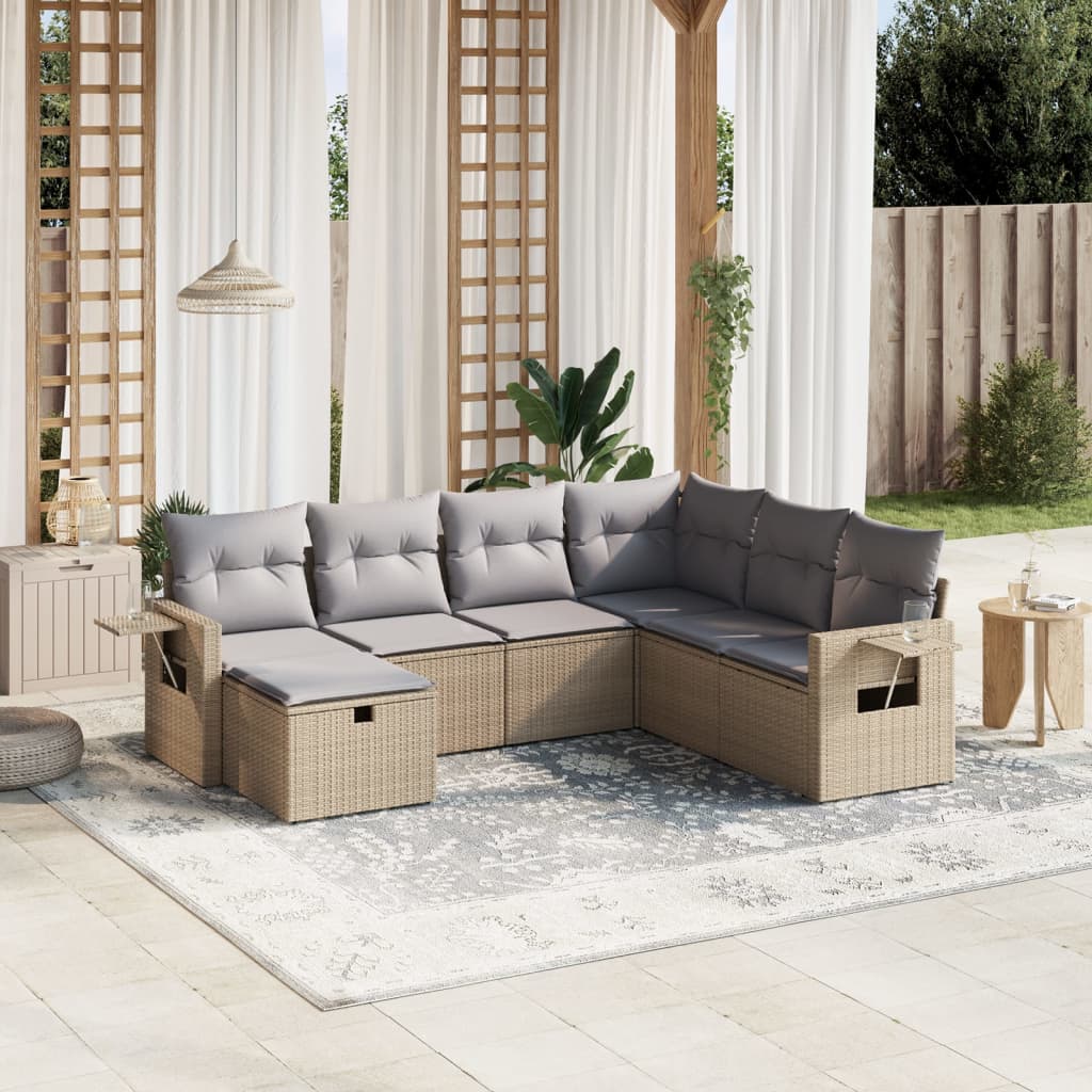 havesofasæt 7 dele med hynder polyrattan beige