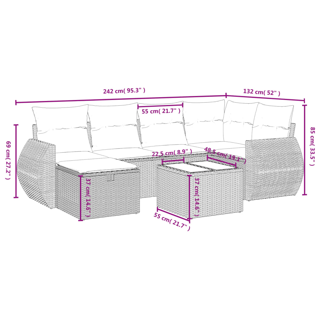 havesofasæt 7 dele med hynder polyrattan beige