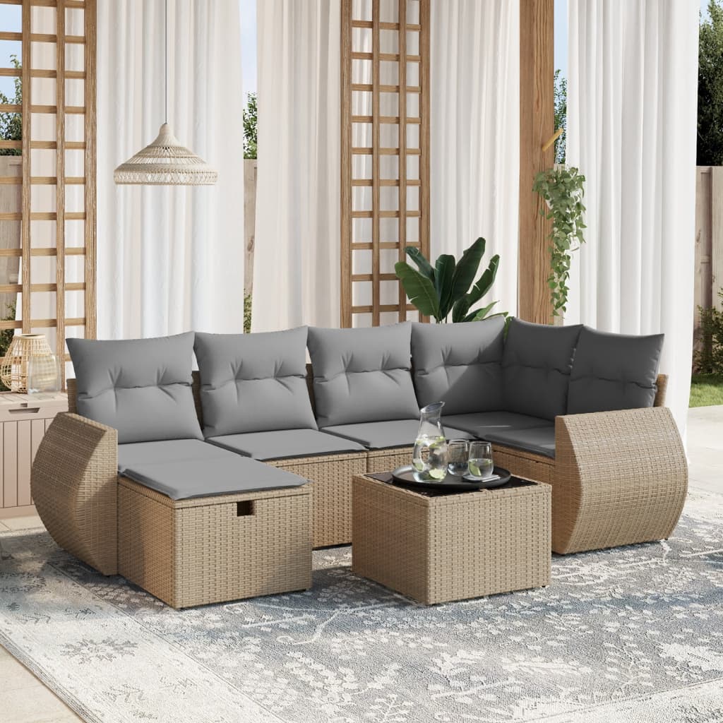 havesofasæt 7 dele med hynder polyrattan beige