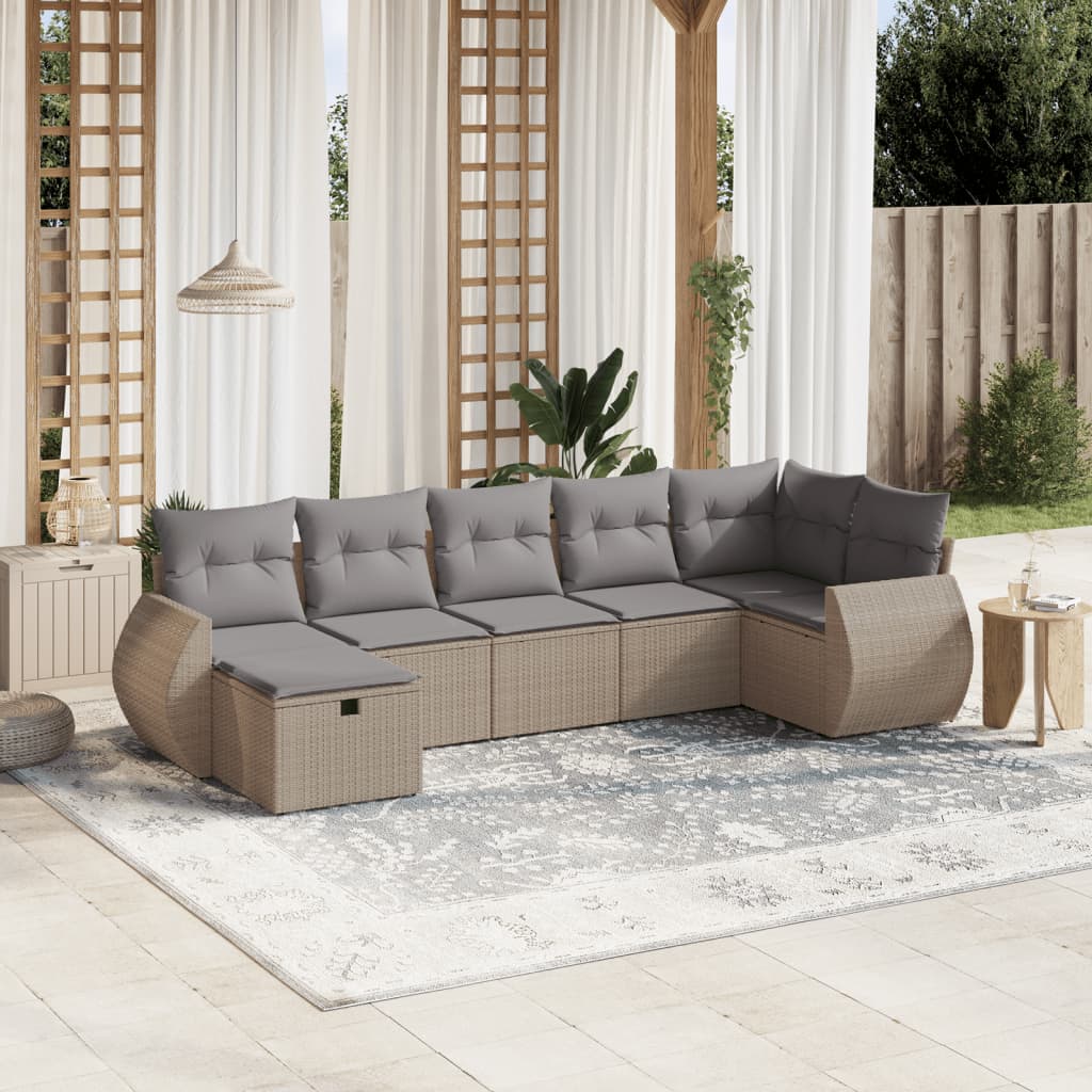 havesofasæt 7 dele med hynder polyrattan beige