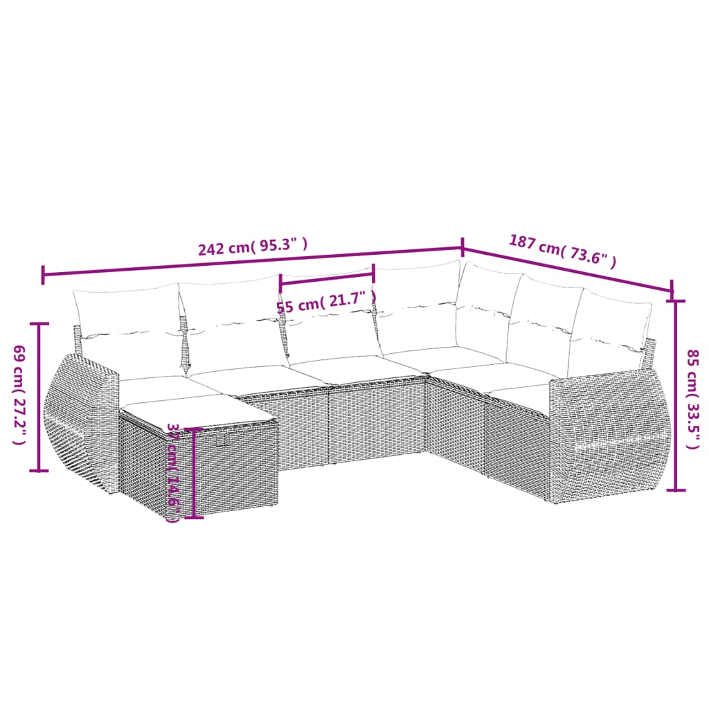 havesofasæt 7 dele med hynder polyrattan beige