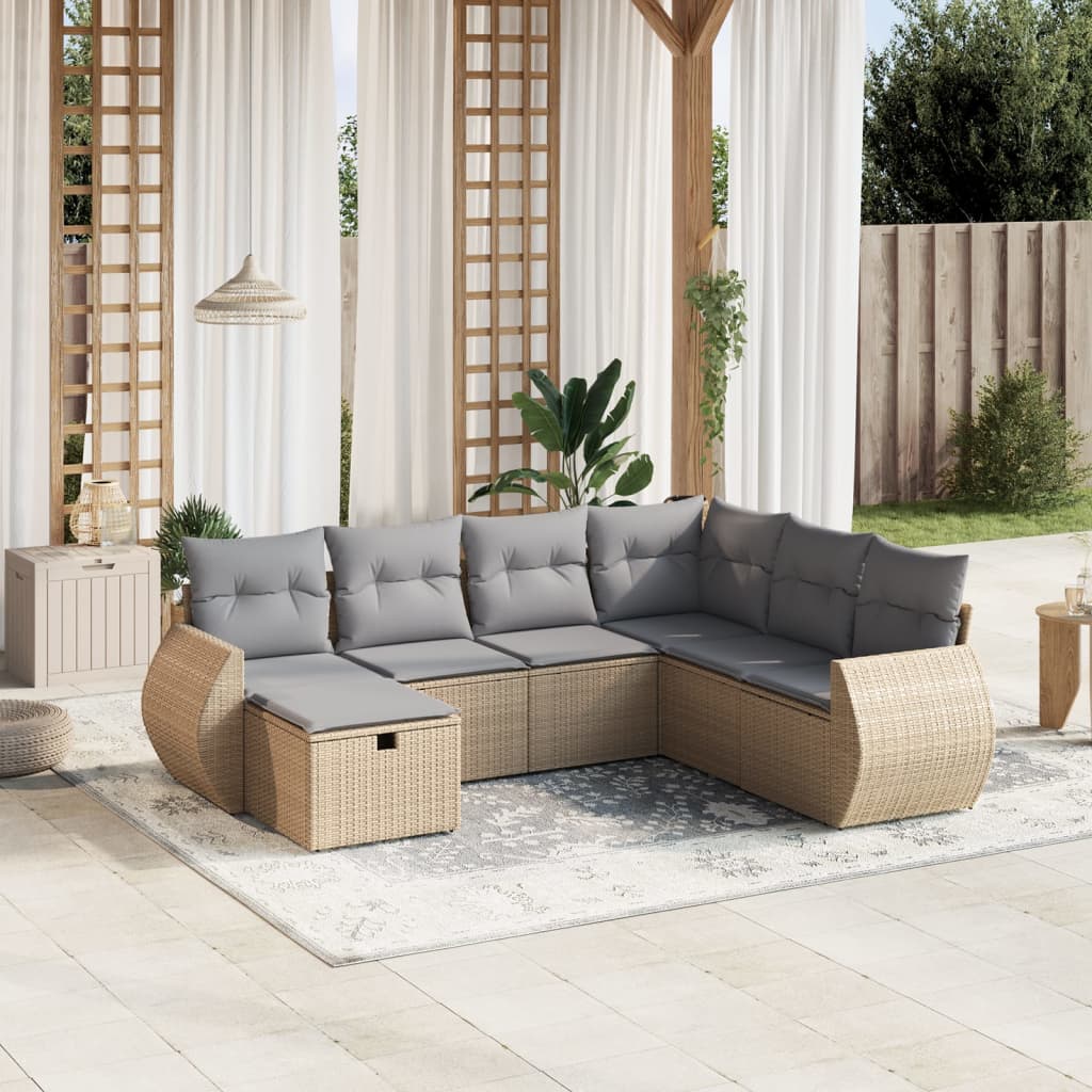 havesofasæt 7 dele med hynder polyrattan beige