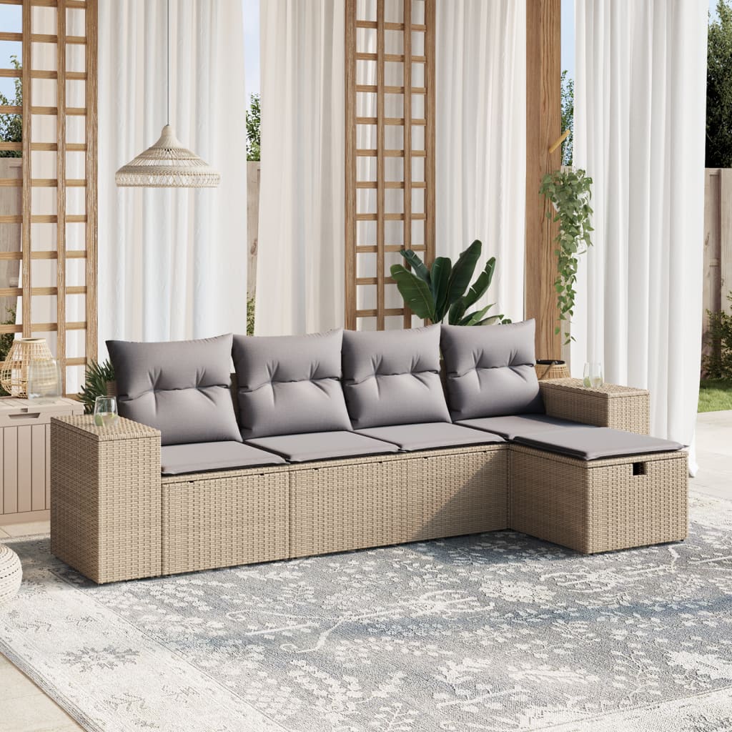 havesofasæt 5 dele med hynder polyrattan beige