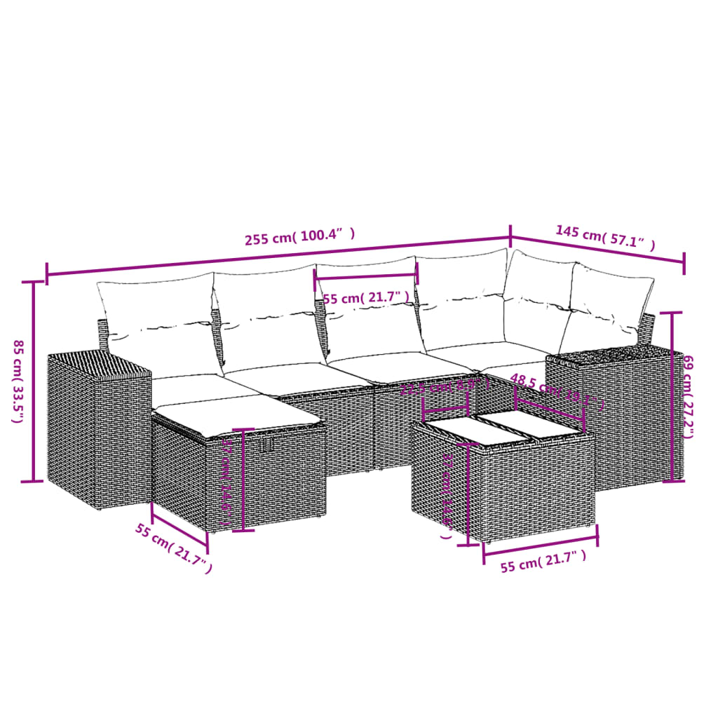 havesofasæt 7 dele med hynder polyrattan beige