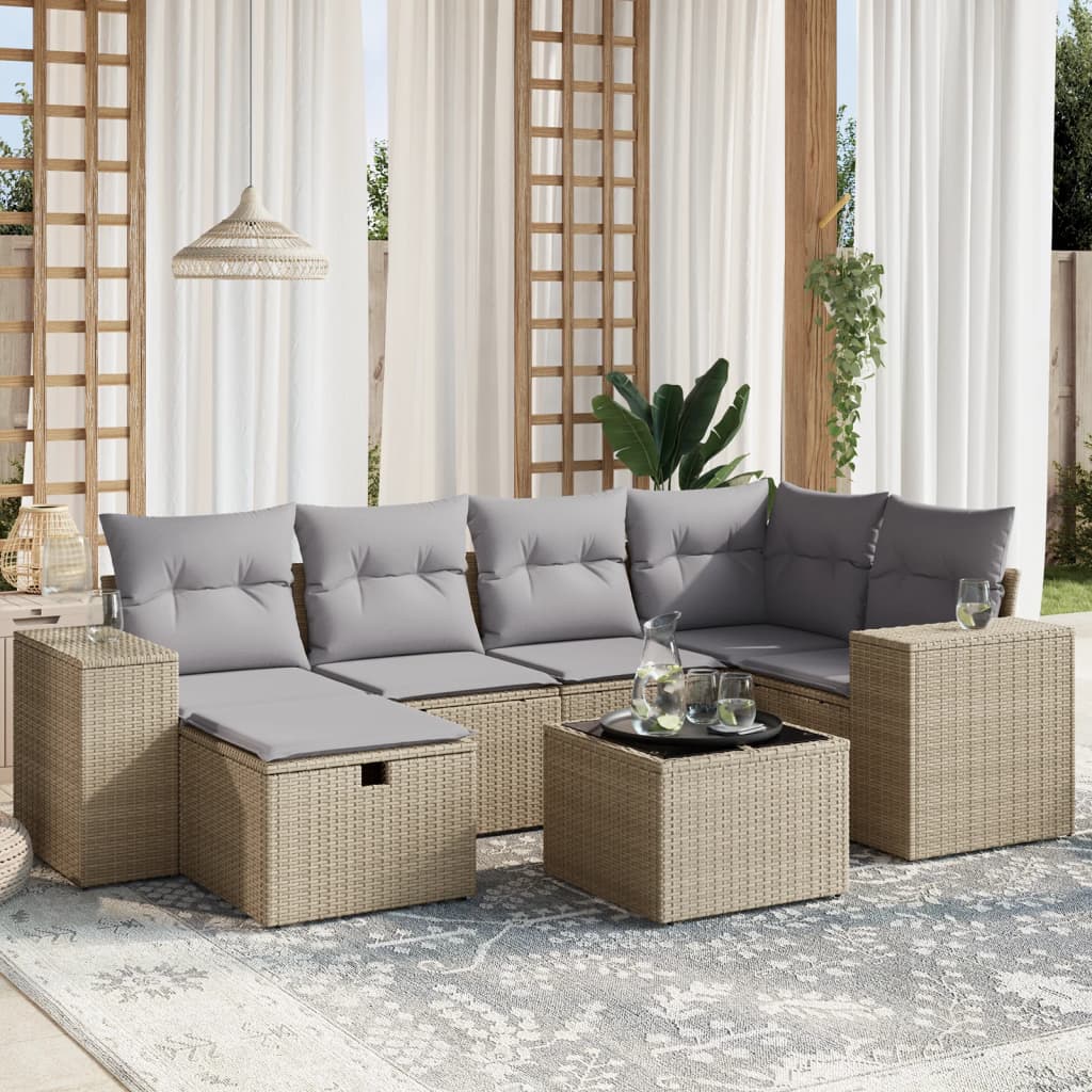 havesofasæt 7 dele med hynder polyrattan beige
