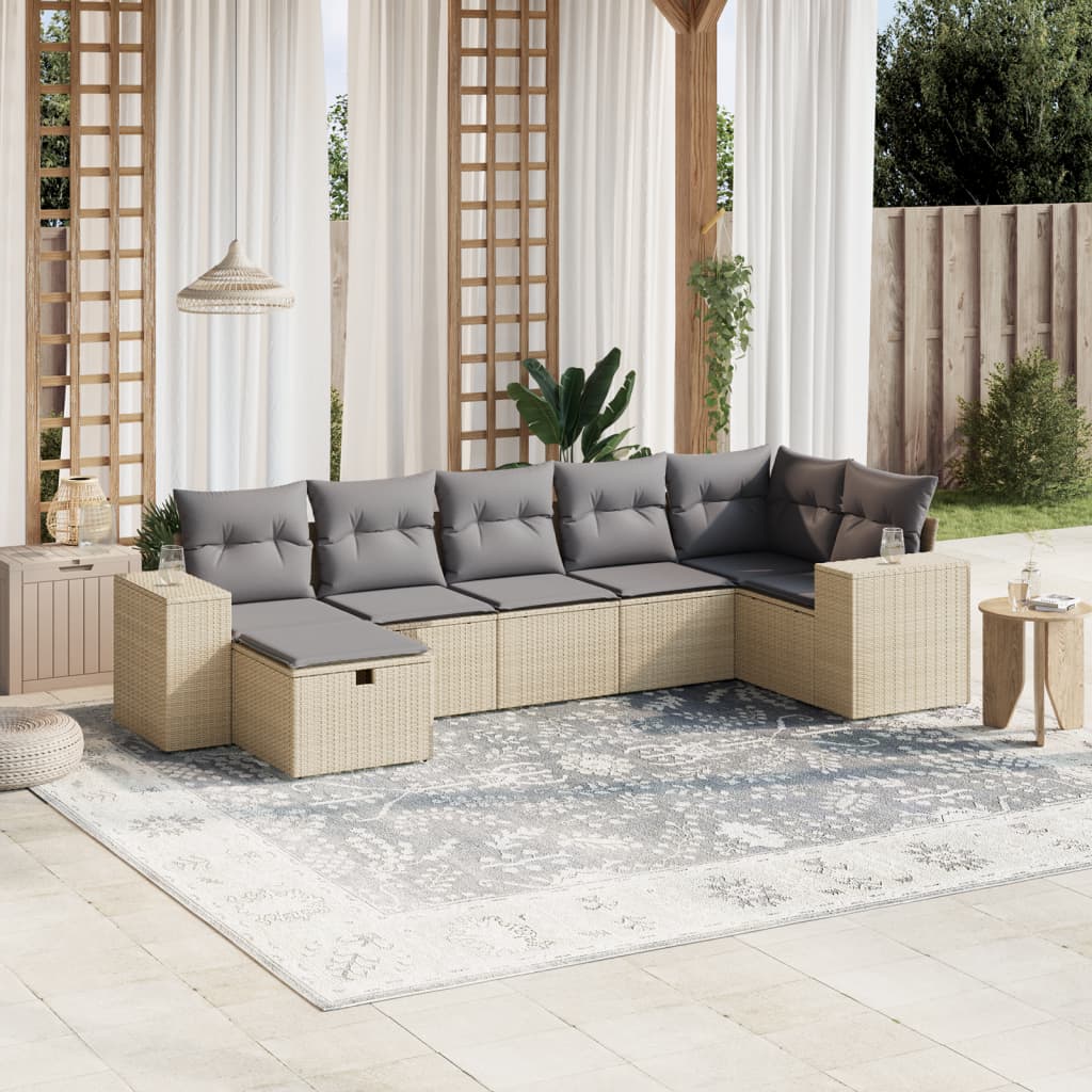 havesofasæt 7 dele med hynder polyrattan beige