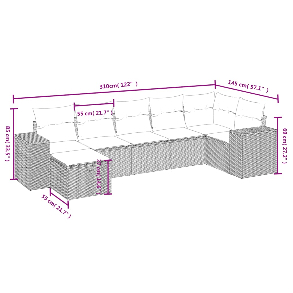 havesofasæt 7 dele med hynder polyrattan beige