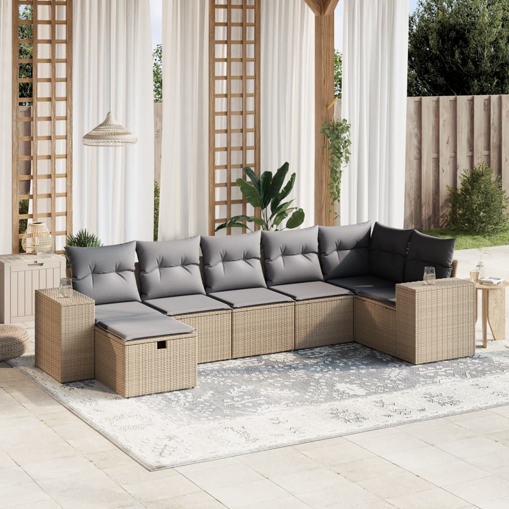 havesofasæt 7 dele med hynder polyrattan beige