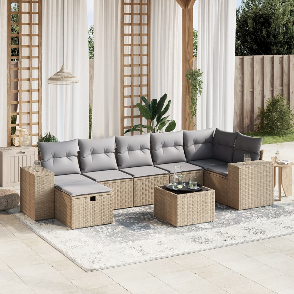 havesofasæt 8 dele med hynder polyrattan beige