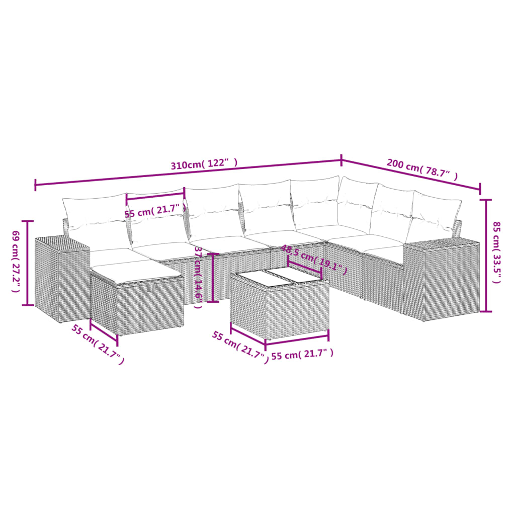 sofasæt til haven 9 dele med hynder polyrattan beige