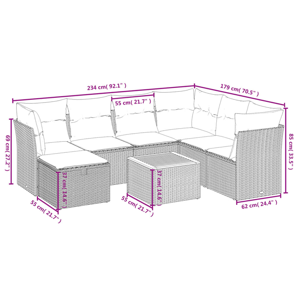 havesofasæt 8 dele med hynder polyrattan beige