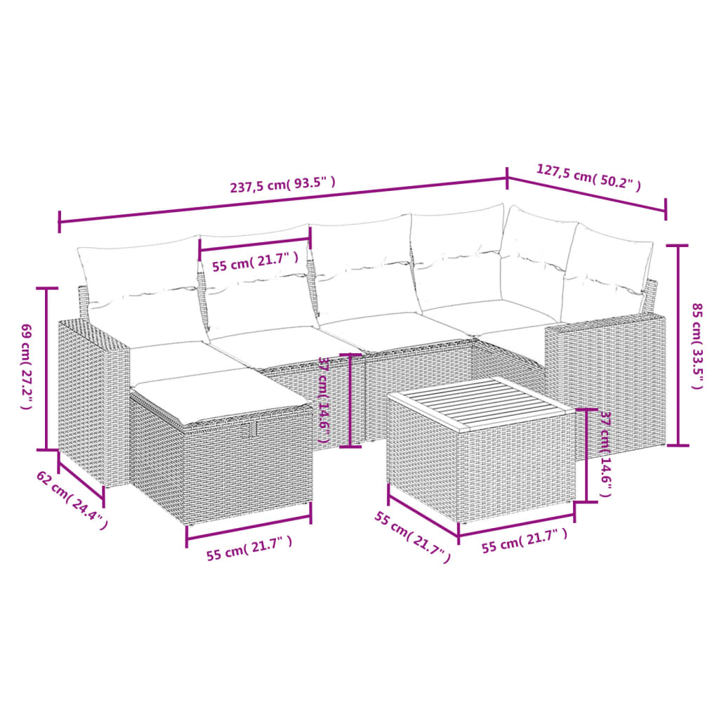 havesofasæt 7 dele med hynder polyrattan beige