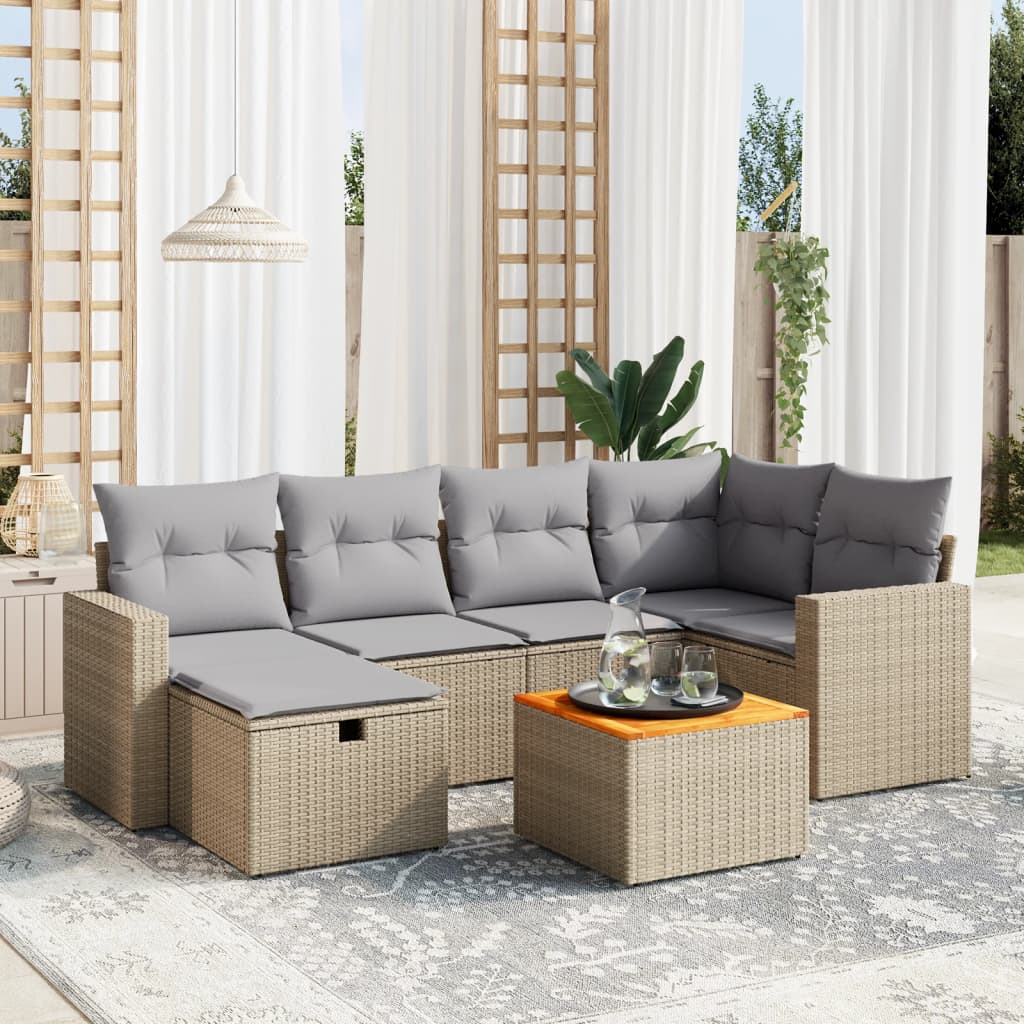 havesofasæt 7 dele med hynder polyrattan beige