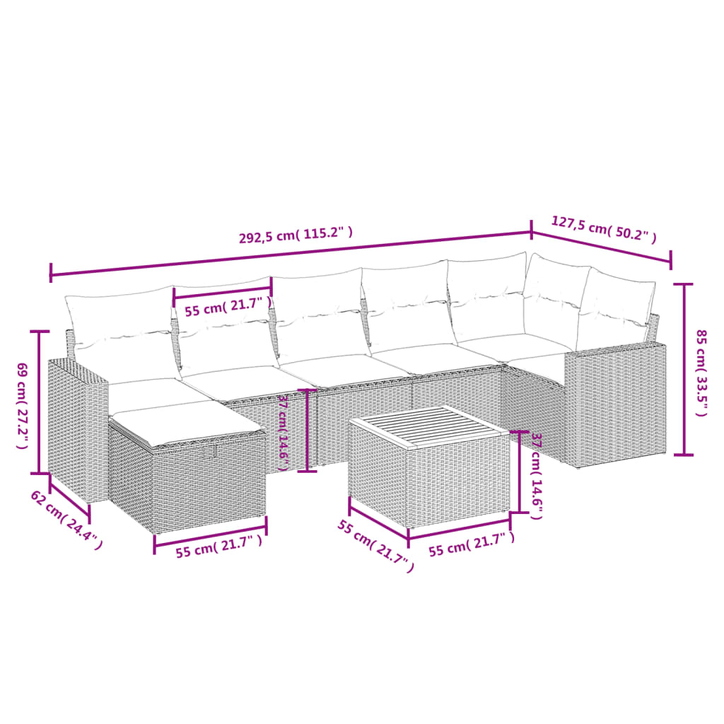 havesofasæt 8 dele med hynder polyrattan beige