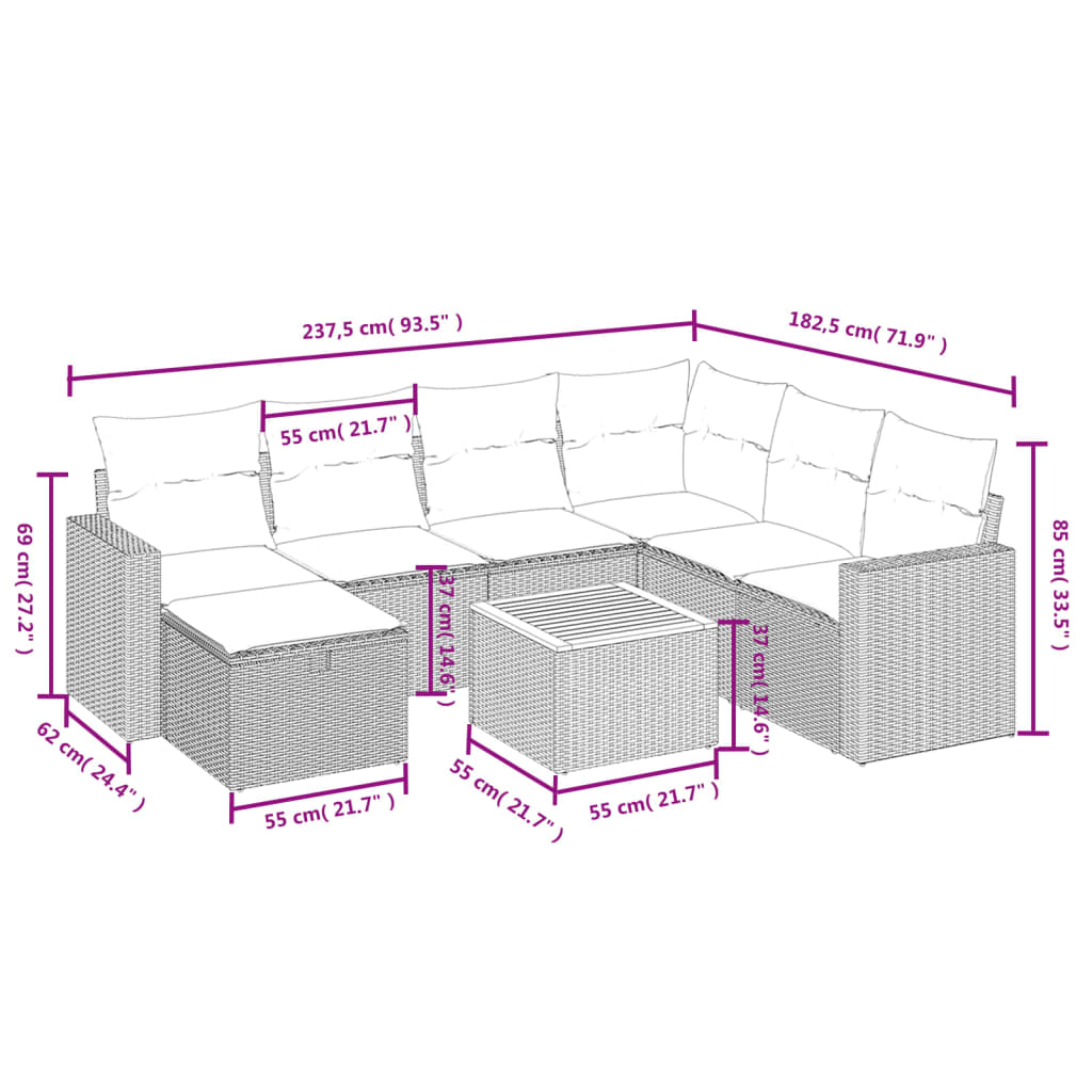 havesofasæt 8 dele med hynder polyrattan beige