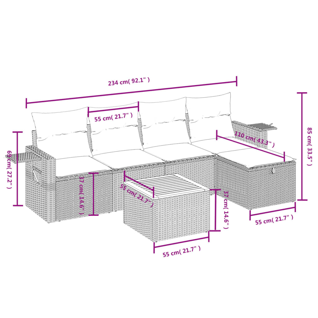 havesofasæt 6 dele med hynder polyrattan beige