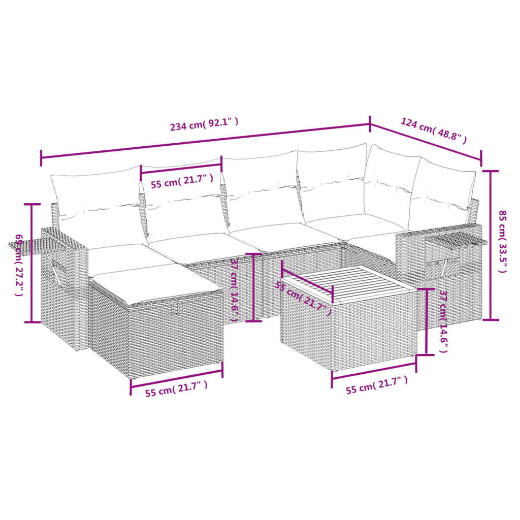havesofasæt 7 dele med hynder polyrattan beige