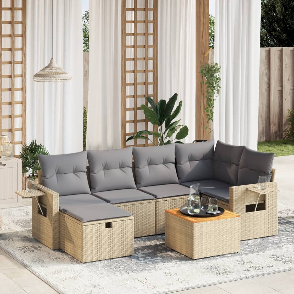 havesofasæt 7 dele med hynder polyrattan beige
