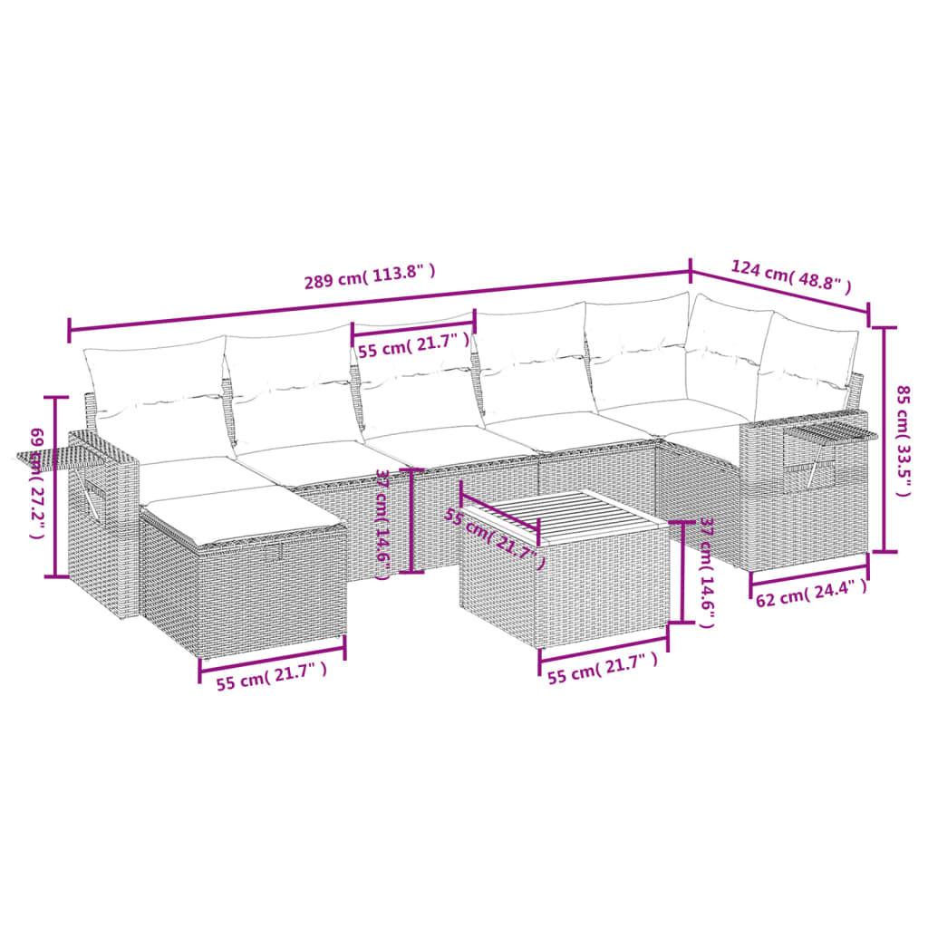 havesofasæt 8 dele med hynder polyrattan beige