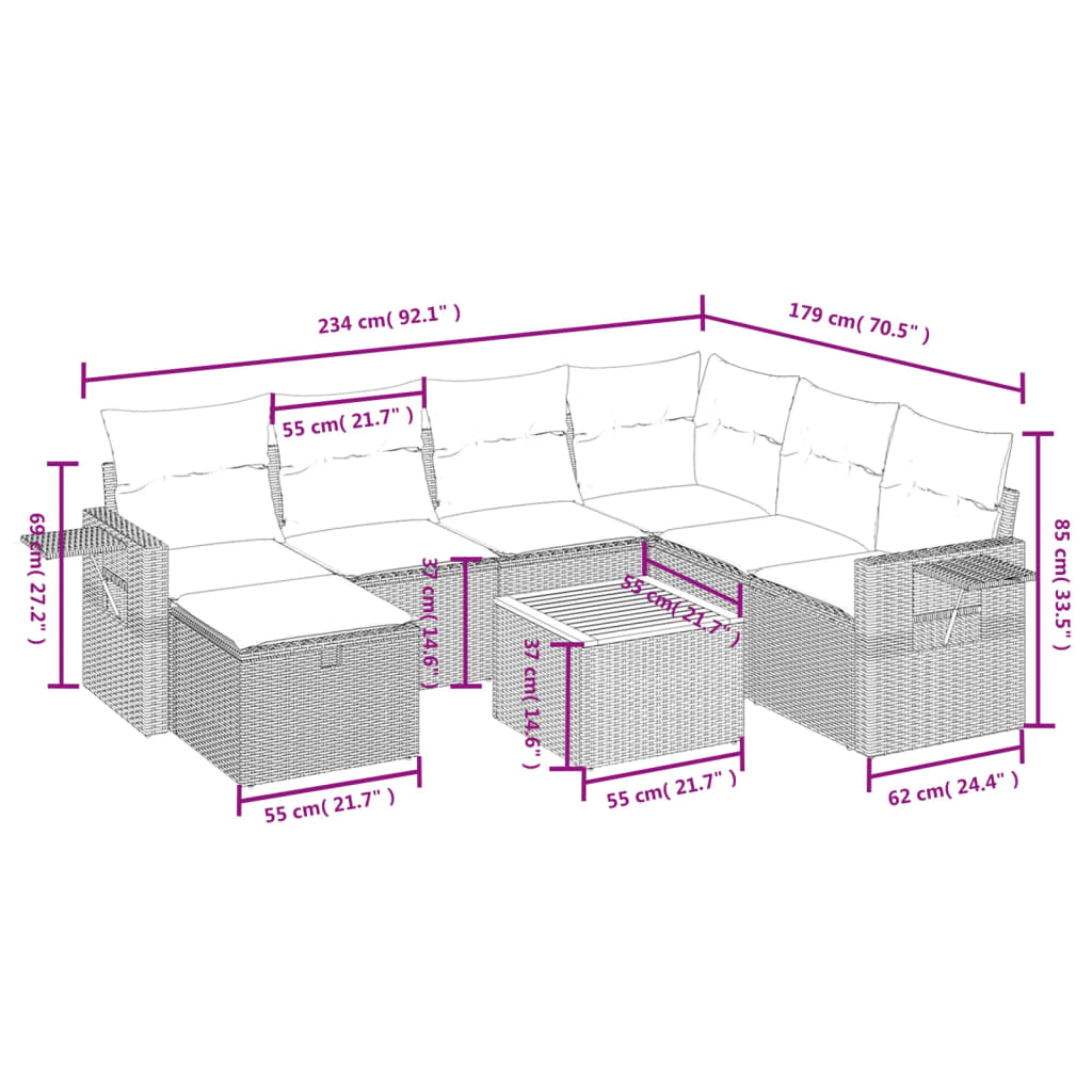 havesofasæt 8 dele med hynder polyrattan beige