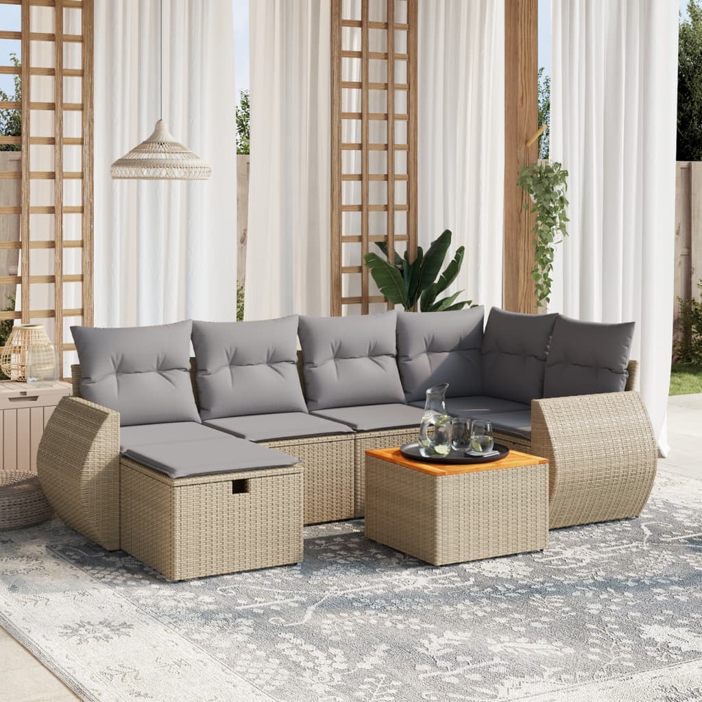 havesofasæt 7 dele med hynder polyrattan beige