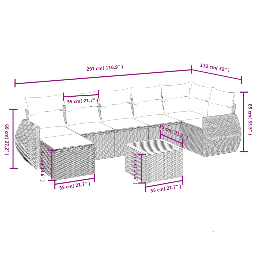 havesofasæt 8 dele med hynder polyrattan beige