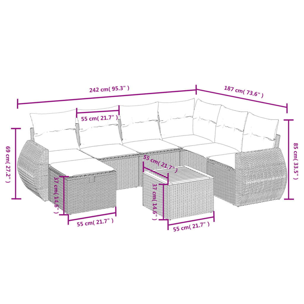 havesofasæt 8 dele med hynder polyrattan beige