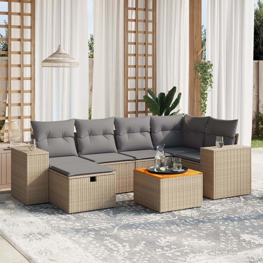 havesofasæt 7 dele med hynder polyrattan beige