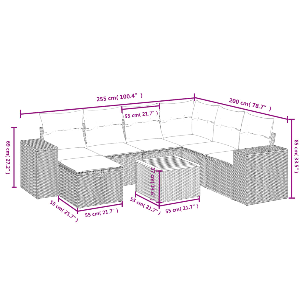 havesofasæt 8 dele med hynder polyrattan beige