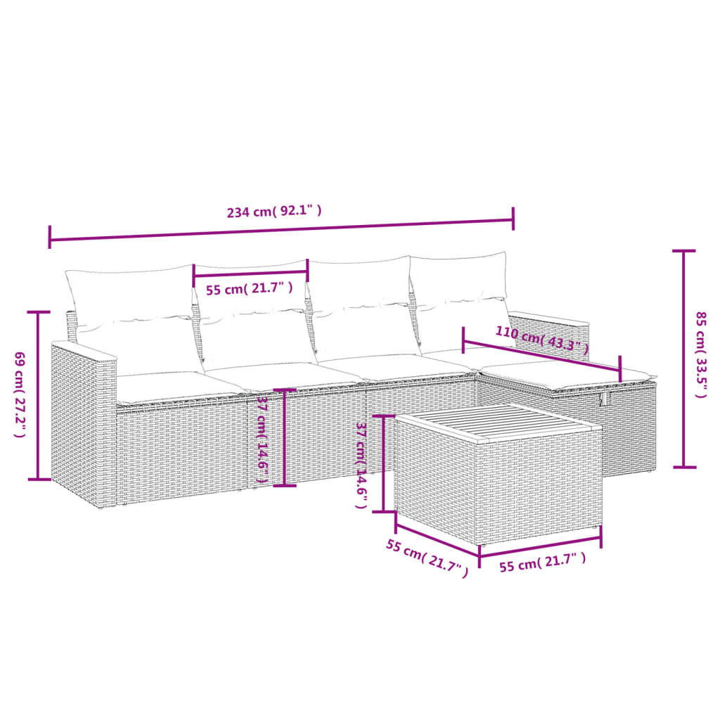 havesofasæt 6 dele med hynder polyrattan beige
