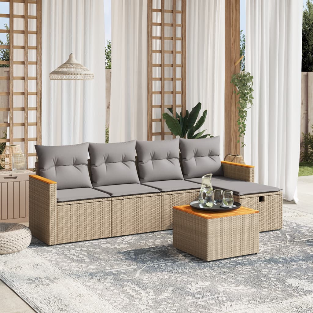 havesofasæt 6 dele med hynder polyrattan beige