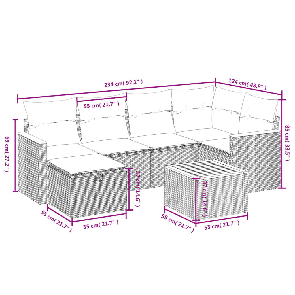 havesofasæt 7 dele med hynder polyrattan beige
