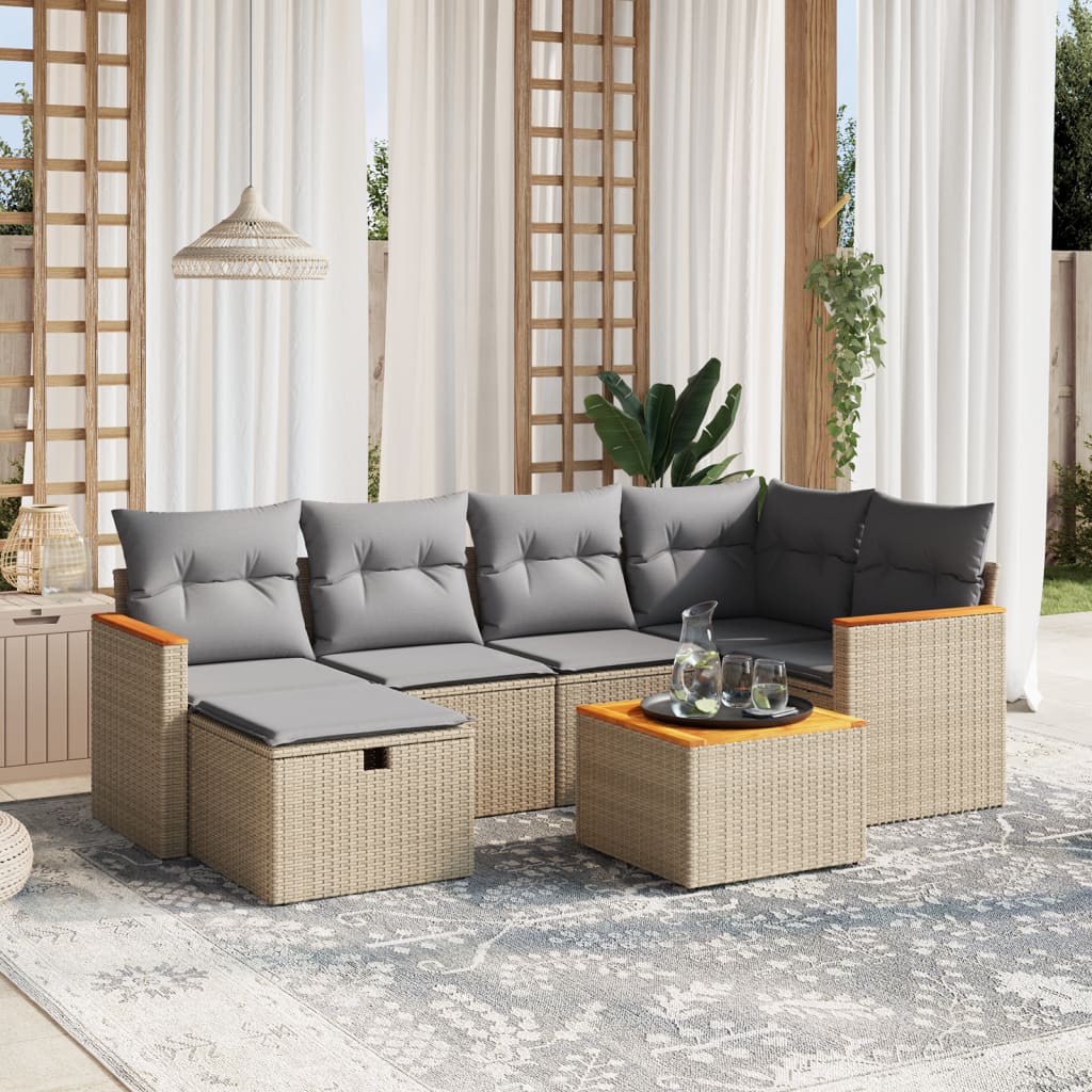 havesofasæt 7 dele med hynder polyrattan beige