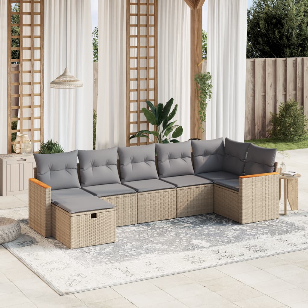 havesofasæt 7 dele med hynder polyrattan beige
