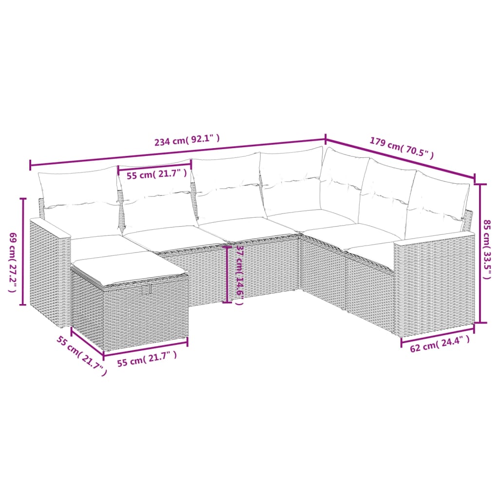 havesofasæt 7 dele med hynder polyrattan beige