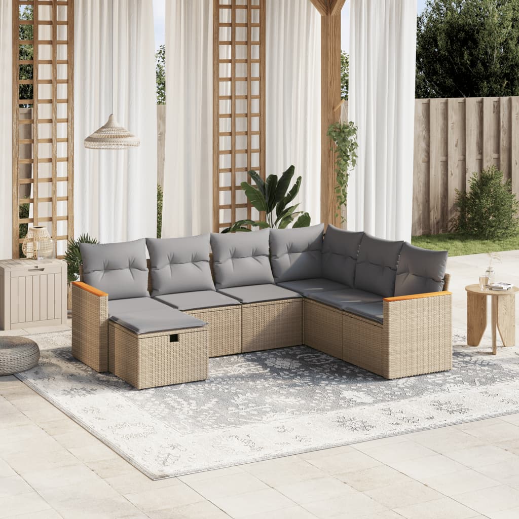 havesofasæt 7 dele med hynder polyrattan beige