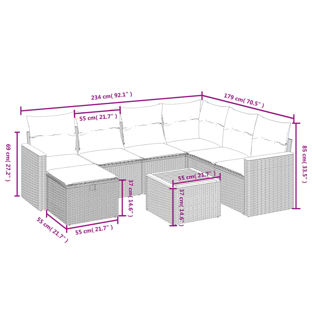 havesofasæt 8 dele med hynder polyrattan beige