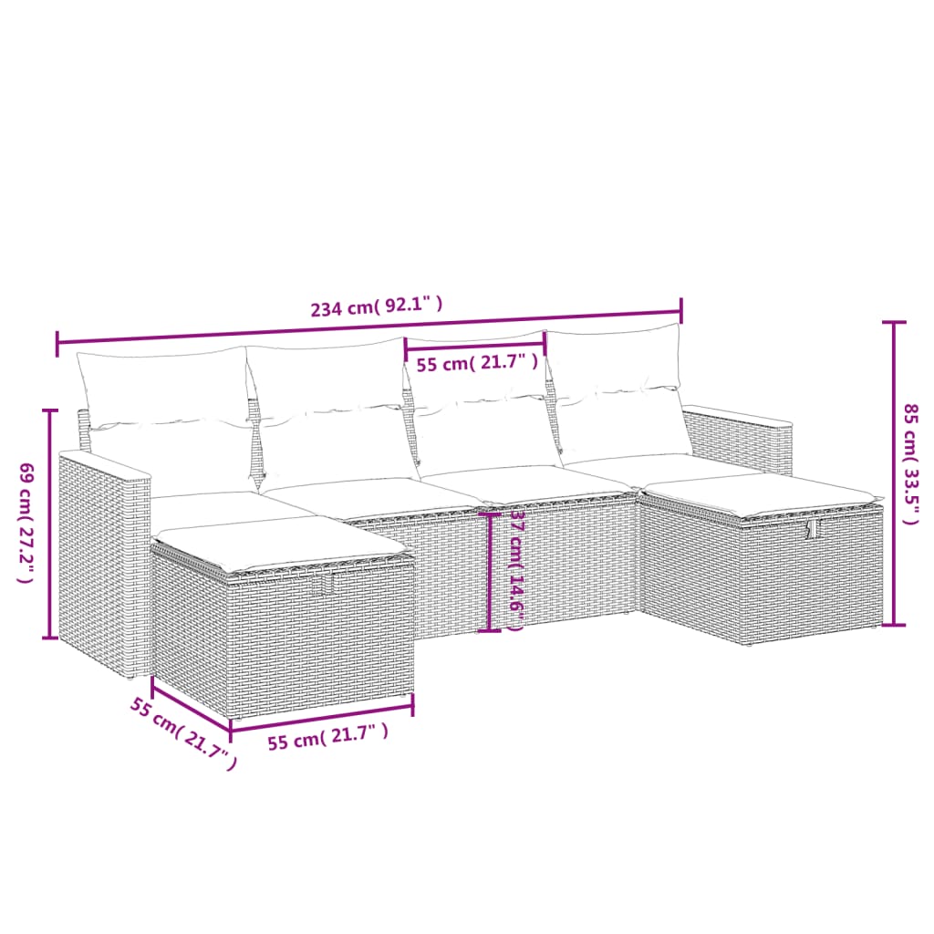 havesofasæt 6 dele med hynder polyrattan beige
