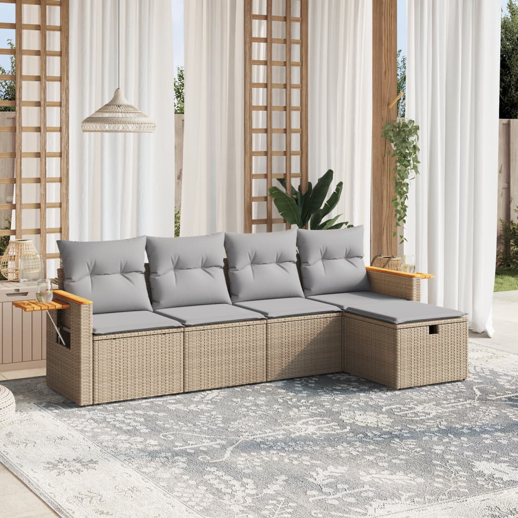 havesofasæt 5 dele med hynder polyrattan beige