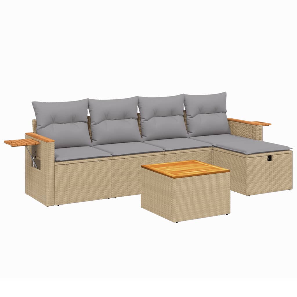 havesofasæt 6 dele med hynder polyrattan beige