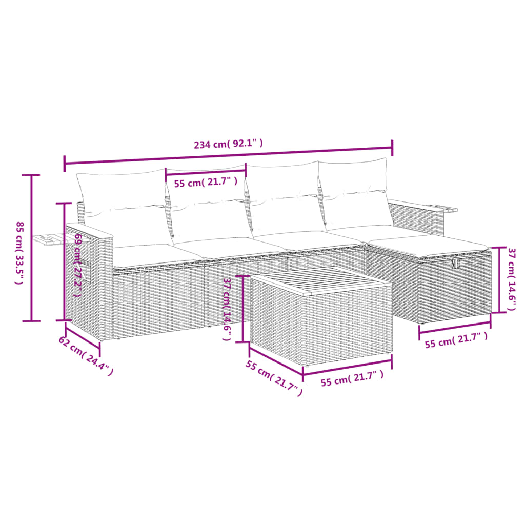 havesofasæt 6 dele med hynder polyrattan beige