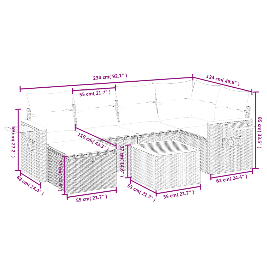 havesofasæt 7 dele med hynder polyrattan beige