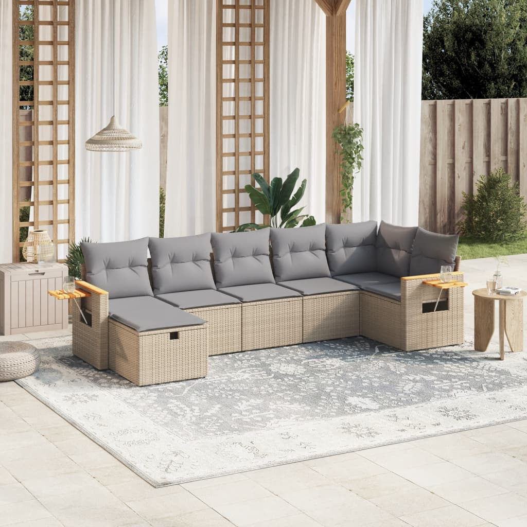 havesofasæt 7 dele med hynder polyrattan beige